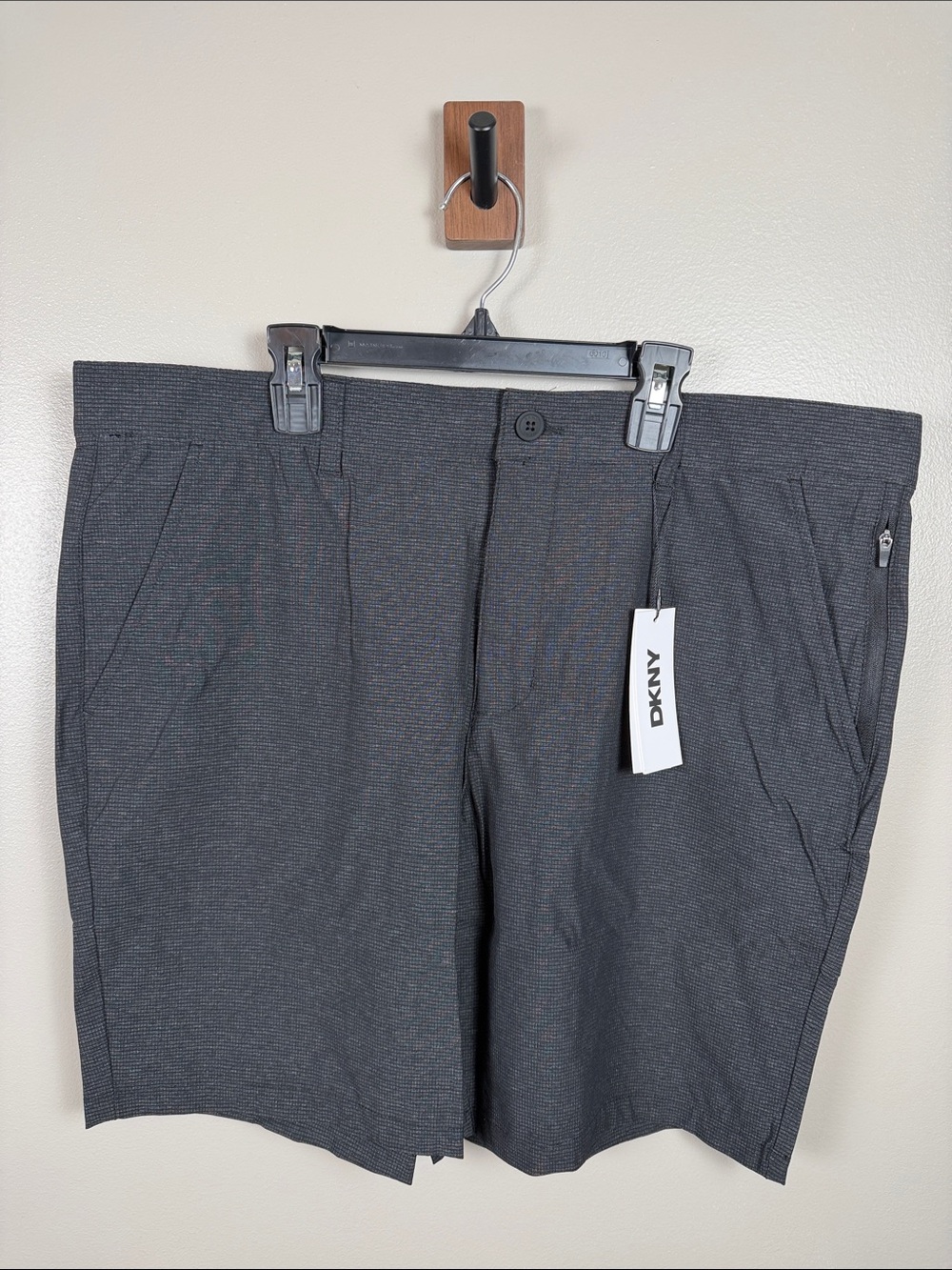 DKNY 36” Waist Black Men's Summer Shorts with Subtle Windowpane Texture